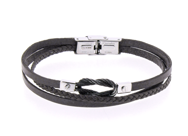 Pulsera de acero y cuero negro con nudo H2on HO006-N02