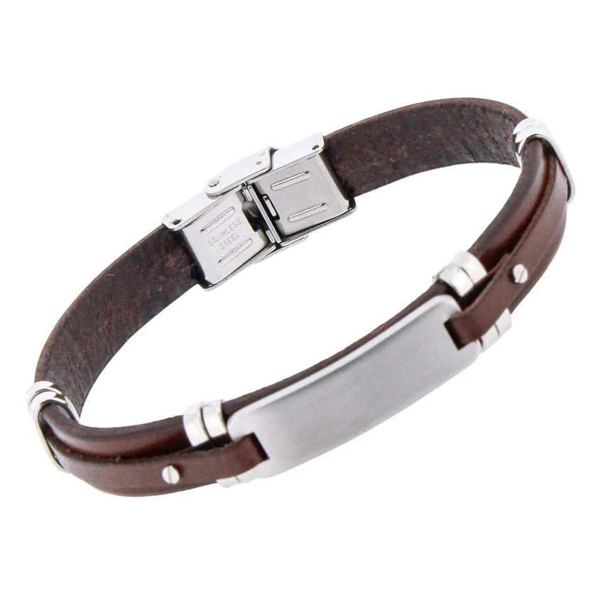 Pulsera de acero y cuero marrón con placa central de acero