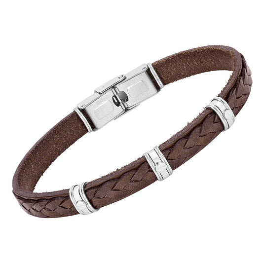 Pulsera de acero y cuero marrón trabajada con productos semiacabados