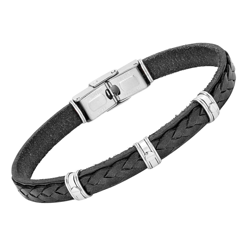 Pulsera de acero y cuero negro trabajada con productos semiacabados