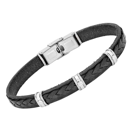 Pulsera de acero y cuero negro trabajada con productos semiacabados