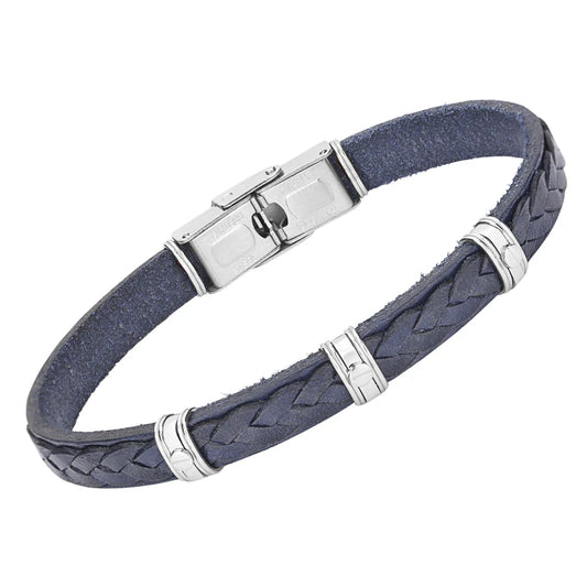Pulsera de acero y cuero azul trabajada con productos semiacabados