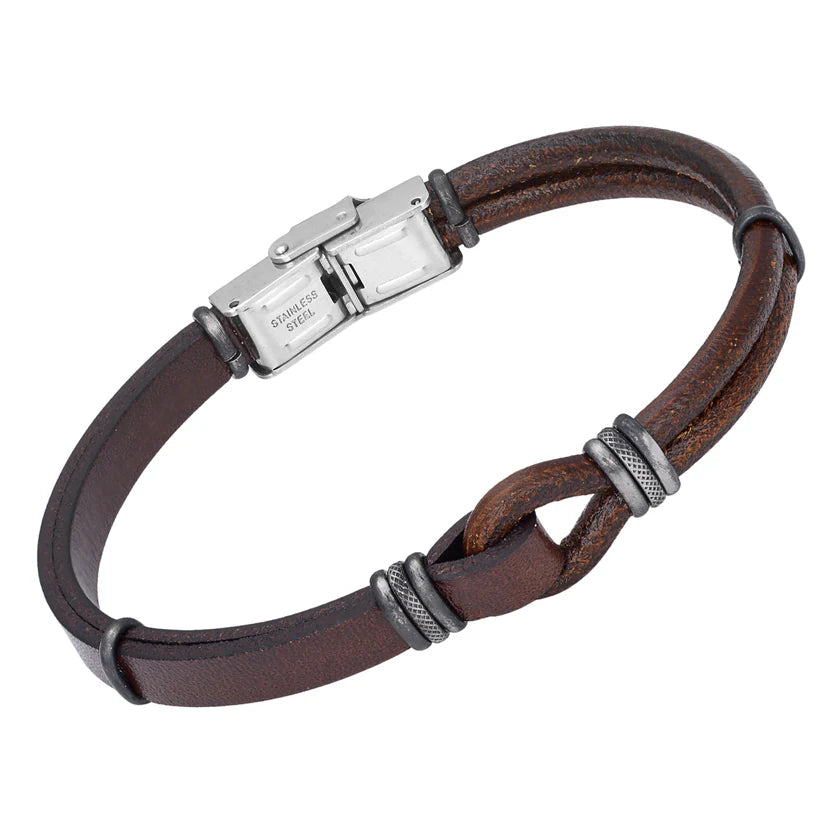 Pulsera de acero con correas de cuero marrón y negras de estilo vintage