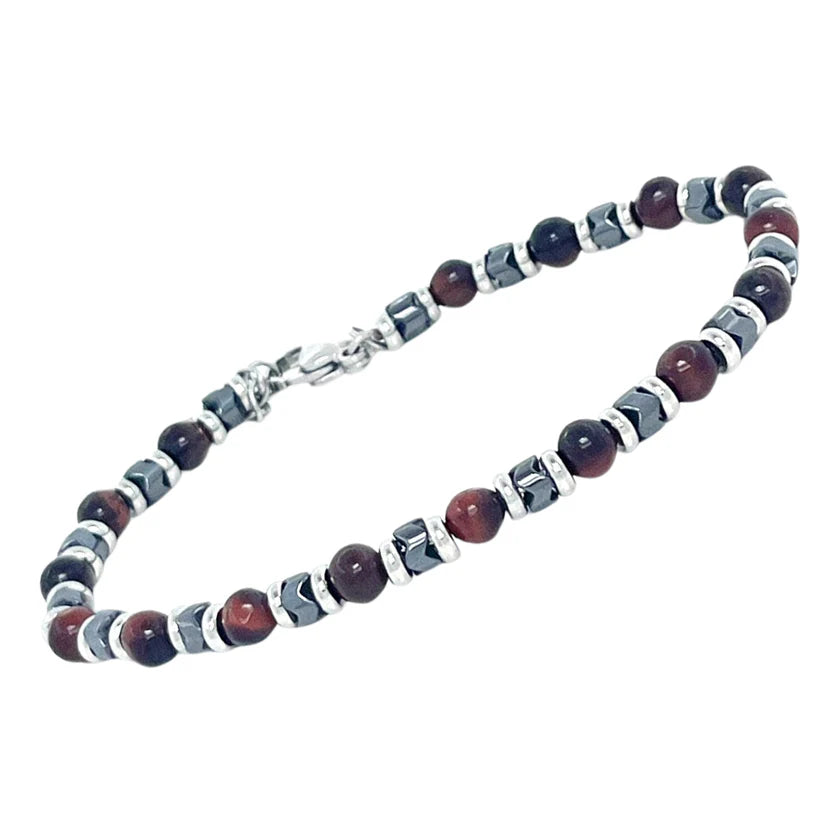 Pulsera de acero con piedras naturales de ojo de tigre y hematita.