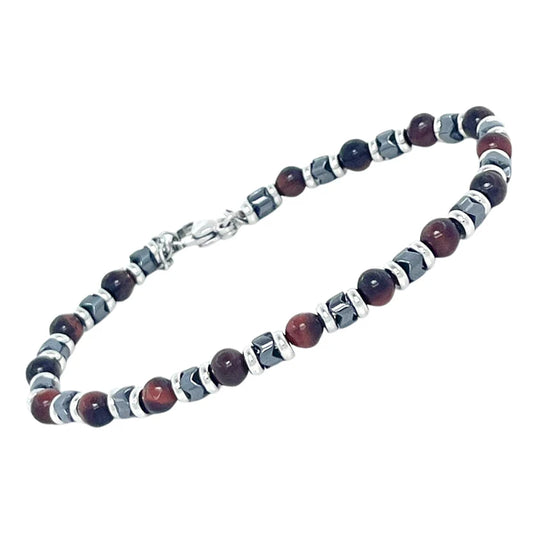 Pulsera de acero con piedras naturales de ojo de tigre y hematita.