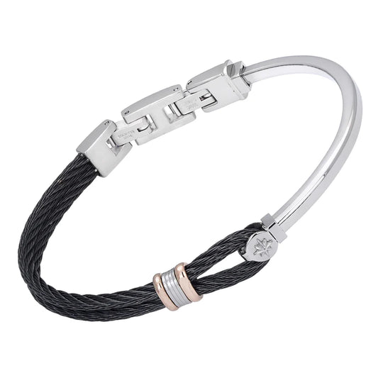 Brazalete de acero y cable PVD negro con eslabones color oro rosa y rosa de los vientos