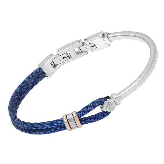 Brazalete de acero y cable PVD azul con eslabones color oro rosa y rosa de los vientos