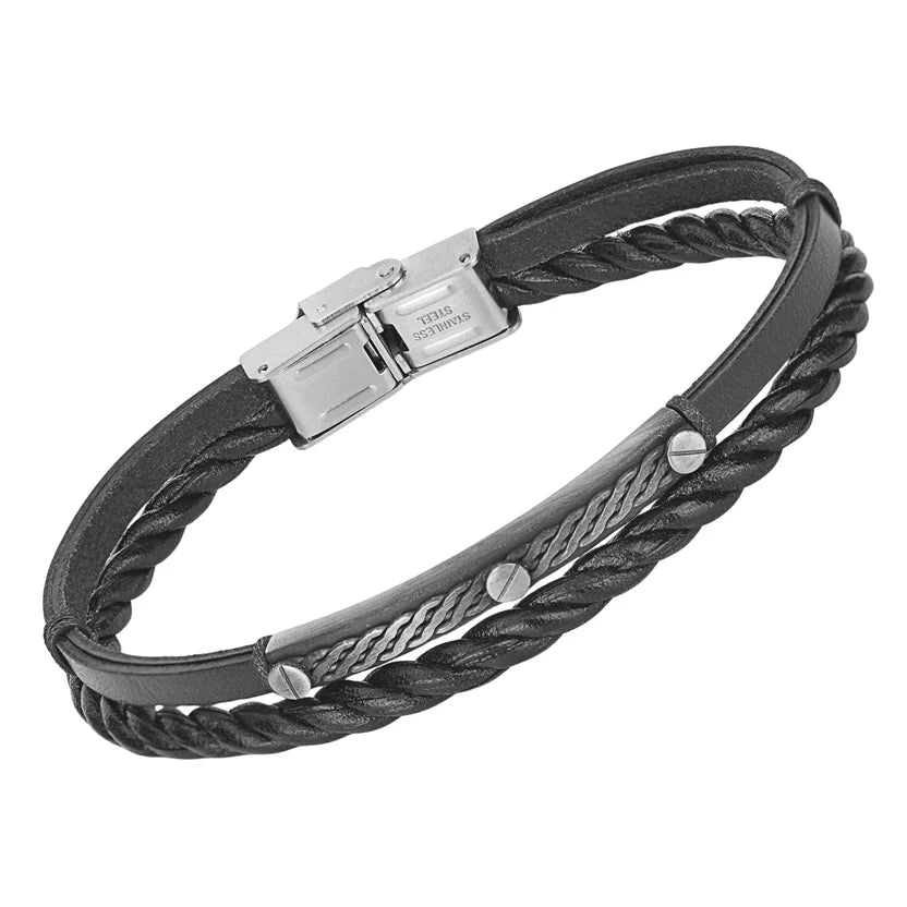 Pulsera de acero y cuero negro tejida con placa negra y productos semiacabados bruñidos.