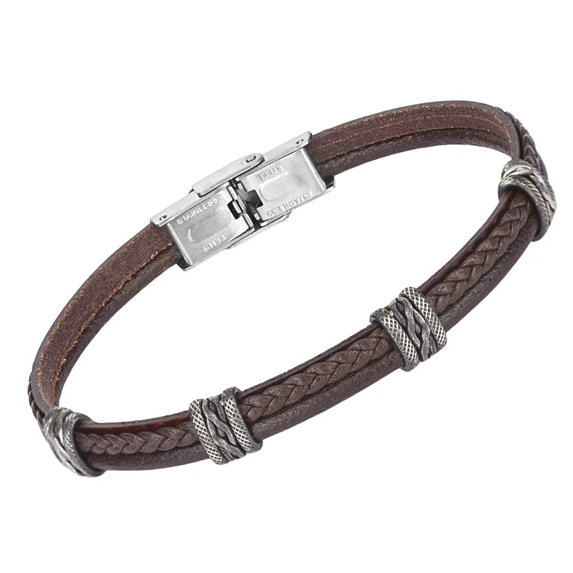 Pulsera de acero y cuero marrón tejida con productos semiacabados bruñidos.