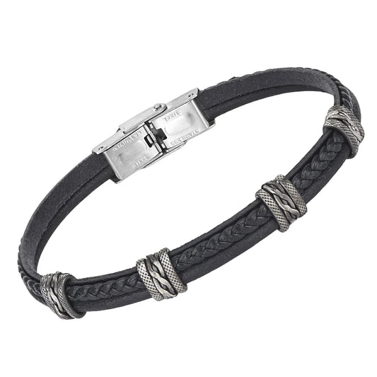 Pulsera de acero y cuero negro tejida con productos semiacabados bruñidos.