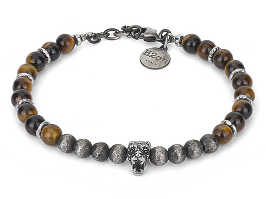 Pulsera de acero con piedras naturales: Ojo de Tigre y Cabeza de Tigre HO058-1