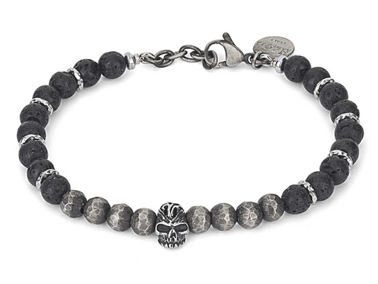 Pulsera de acero con piedras de lava natural y una "calavera mexicana" HO058-2