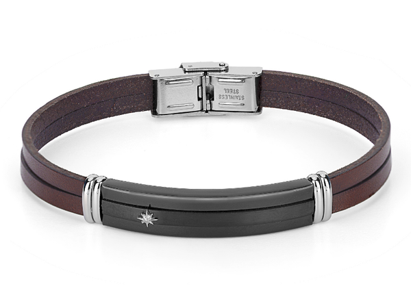 Pulsera de acero y cuero marrón con placa negra y Estrella del Norte H2on Ho059-1