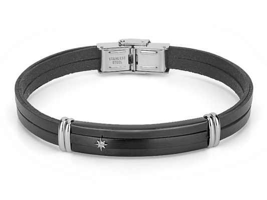 Pulsera de acero y cuero negro con placa negra y Estrella del Norte H2on HO059-2