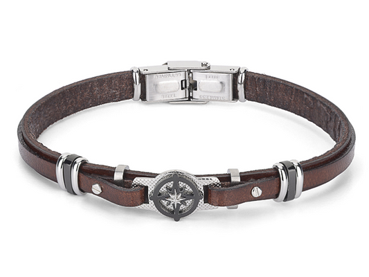 Pulsera de acero con piel marrón y rosa de los vientos central en PVD negro H2on HO060-1