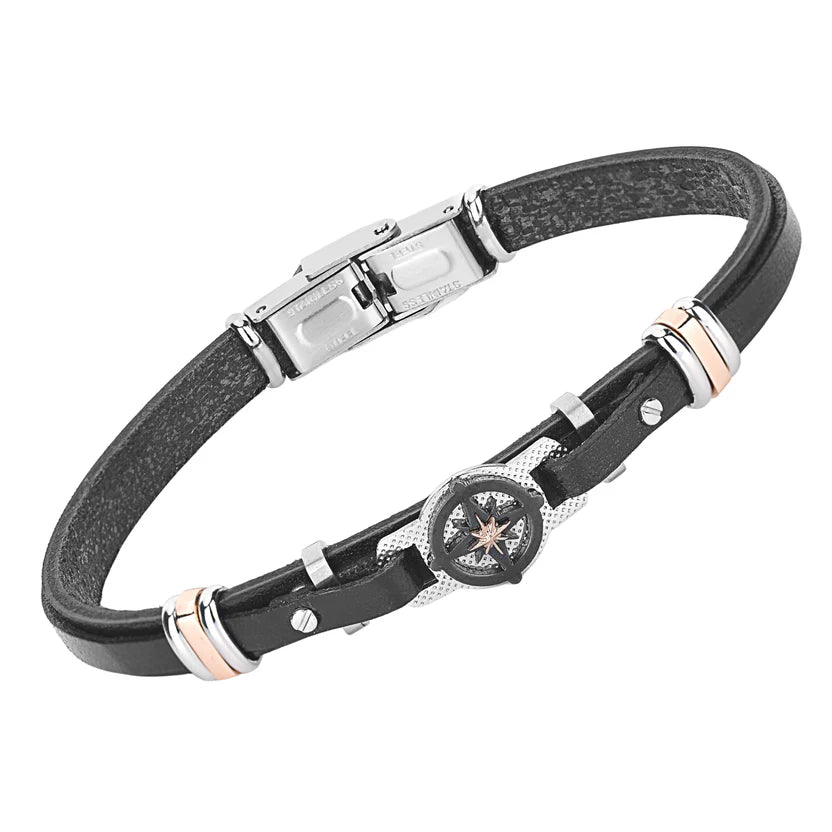 Pulsera de acero y cuero negro con rosa de los vientos en PVD negro