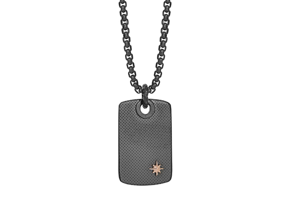 Collar con colgante de placa moleteada de PVD negro y estrella polar rosada HO062-2
