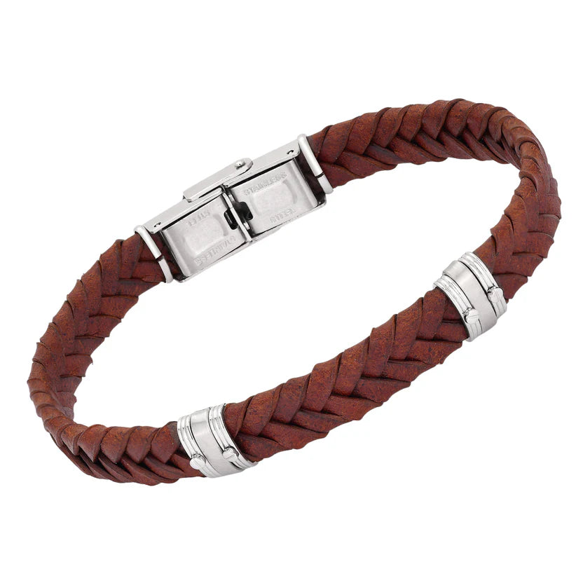 Pulsera de cuero marrón trenzado y acero