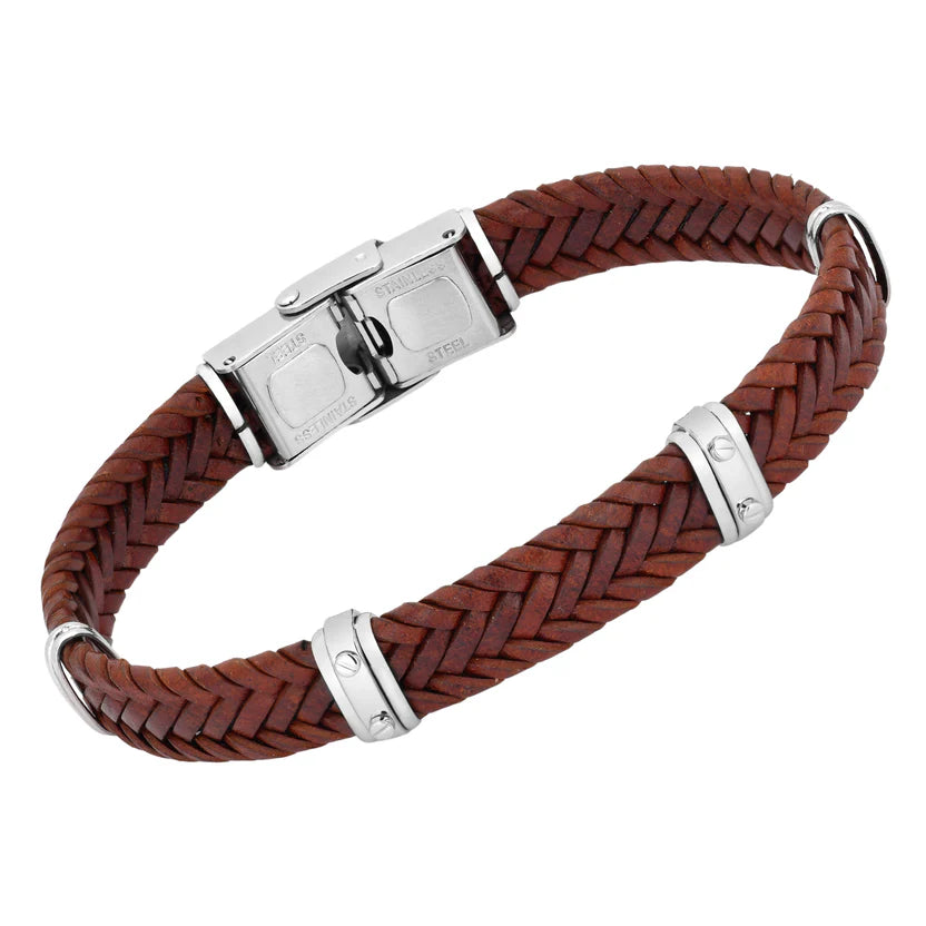 Pulsera ancha de cuero marrón trenzado y acero