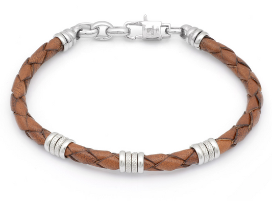 Pulsera de acero con cuero trenzado marrón claro. H20n Ho005-1S