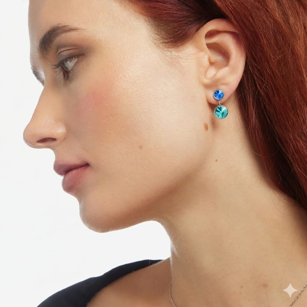 Par de Aros cortos cristal en Plata baño rodio de Basic Light Turquoise