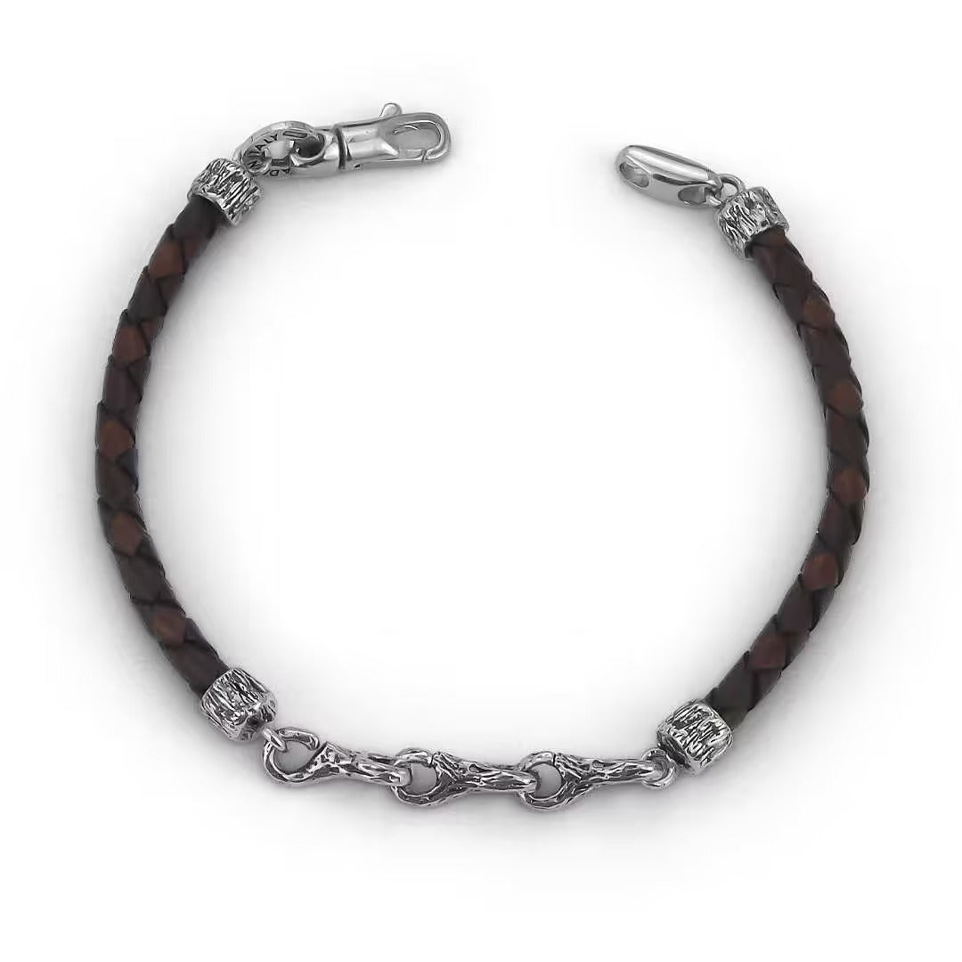 Pulsera en cordón de cuero Café y eslabones con textura en Plata Rodinada MBR129M