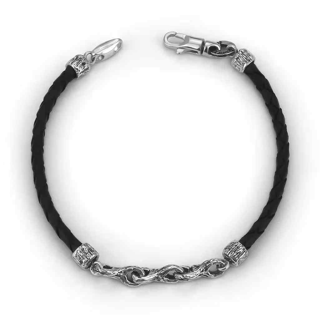 Pulsera en cordón de cuero negro y eslabones con textura en Plata Rodinada MBR129N