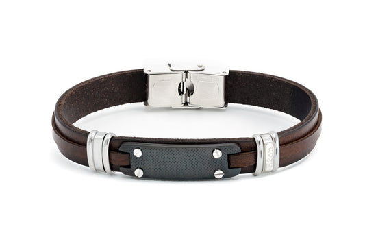 Pulsera de acero inoxidable y cuero marrón con placa central de acero PVD y tornillo H2on HO111-11