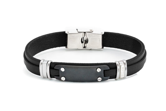 Pulsera de acero inoxidable y cuero Negro con placa central de acero PVD y tornillo H2on HO111-12