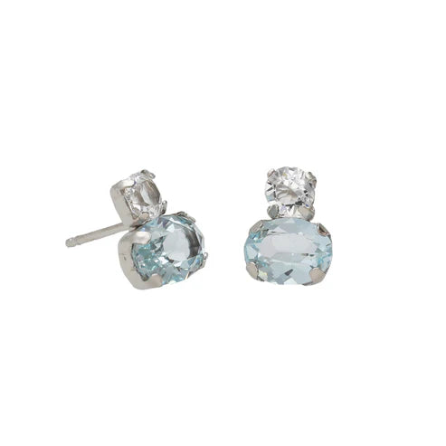 Par de Aros botón cristal azul en Plata baño Rodio de Clarity