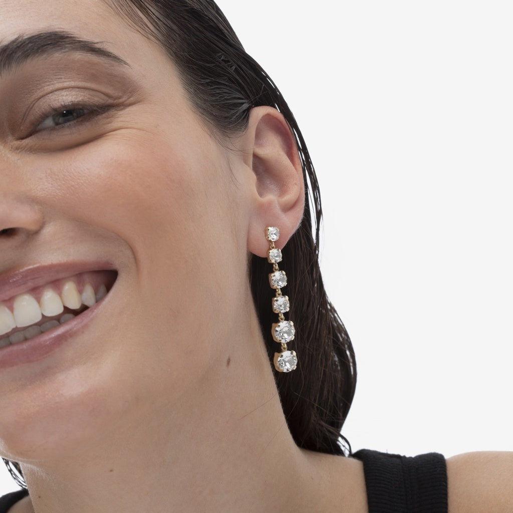 Par de Aros largos Celine cristal blanco en Plata baño Oro