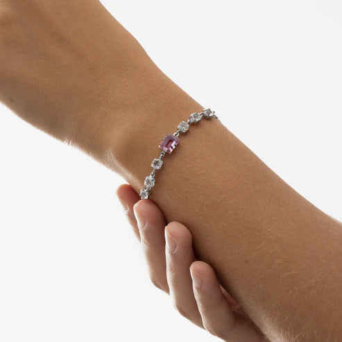 Pulsera Serenity rectángulo cristal rosa en Plata baño rodio