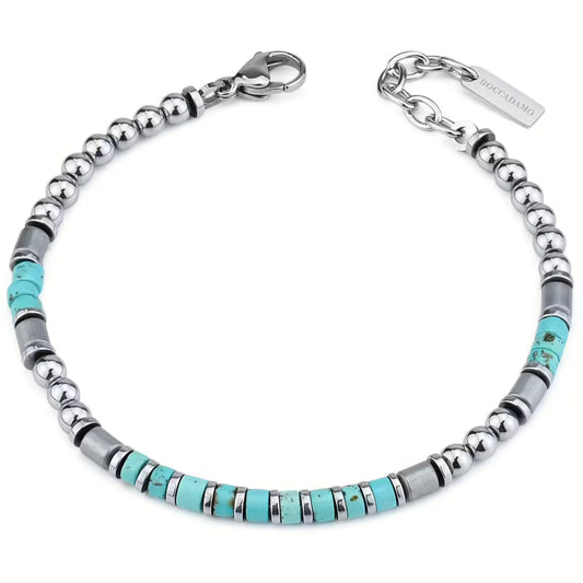 Pulsera de acero rodiado con turquesa y hematita Abr686T