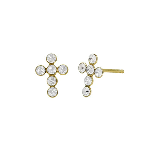 Par de Aros botón cruz cristal blanco en Plata baño Oro de Provenza
