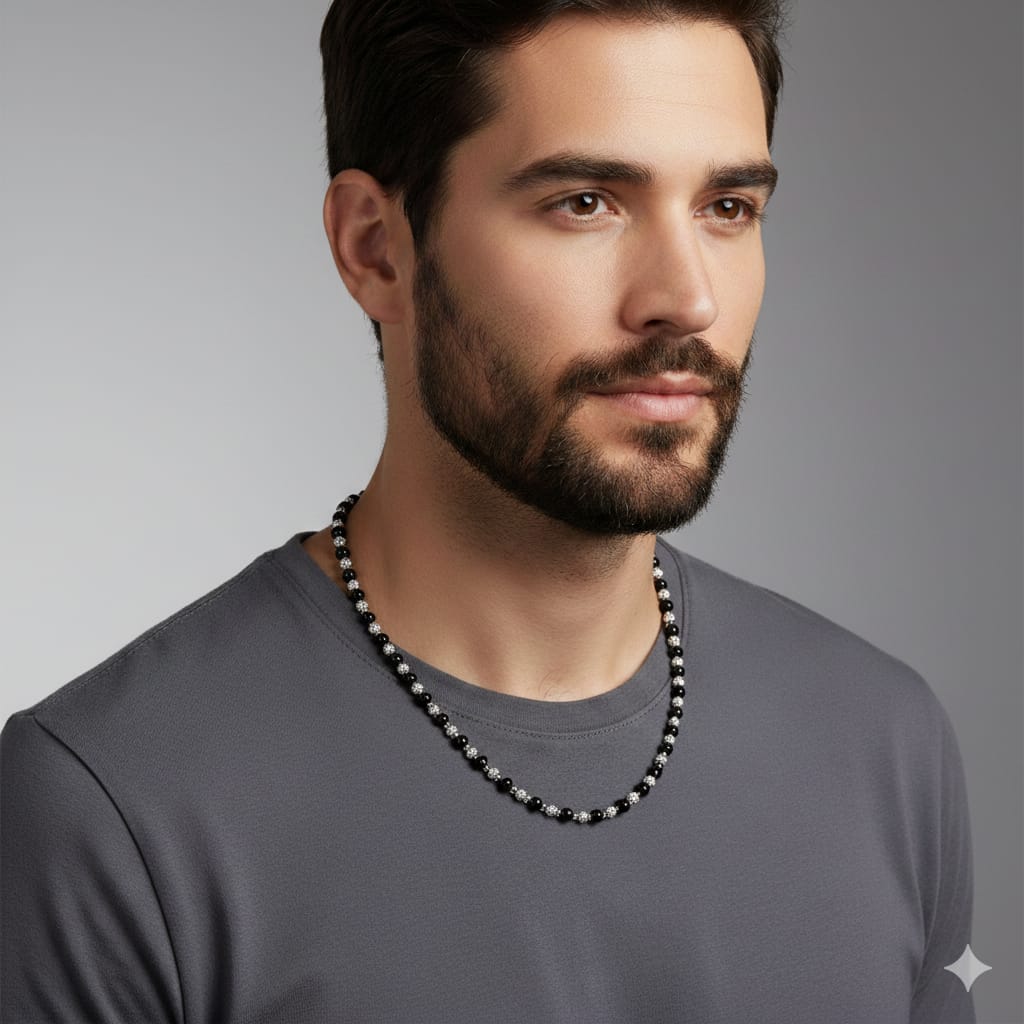 Collar cuentas Onix y Acero Inoxidable AGR354N