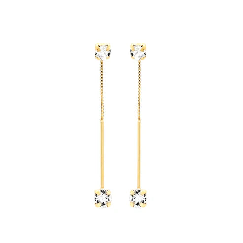 Par de Aros largos cristal blanco en Plata de Minimal Baño de oro 18k