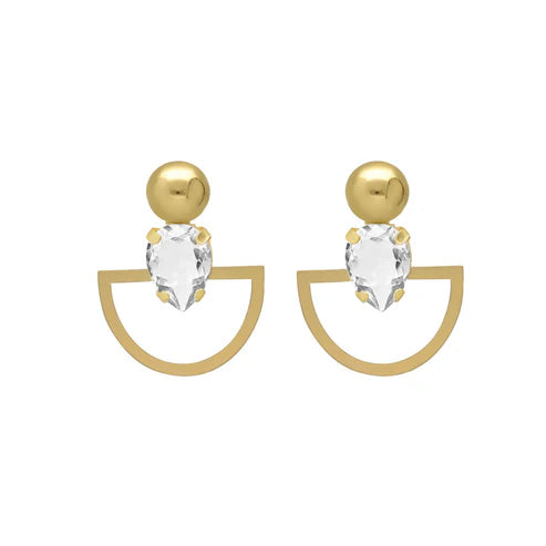 Par de Aros cortos abaníco Buongiorno con cristal en Plata baño Oro