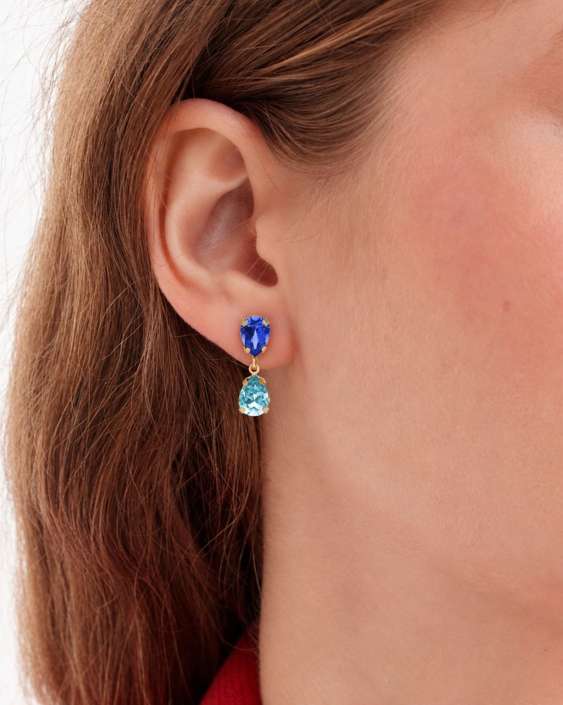 Par de Aros cortos lágrima Birthstone con cristal en Plata baño Oro