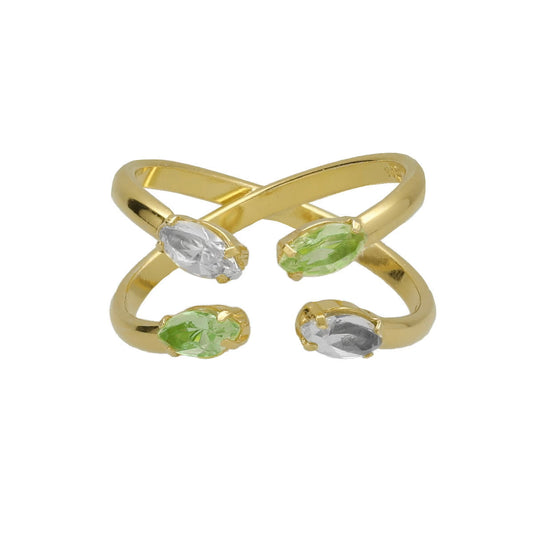 Anillo ajustable cruz cristal en plata baño oro de paris (peridot)