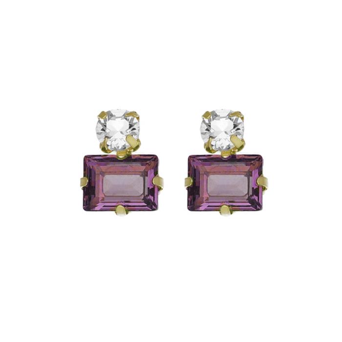Par de Aros cortos rectángulo cristal rosa en Plata baño Oro de Chiara Light Amethyst