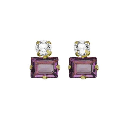Par de Aros cortos rectángulo cristal rosa en Plata baño Oro de Chiara Light Amethyst