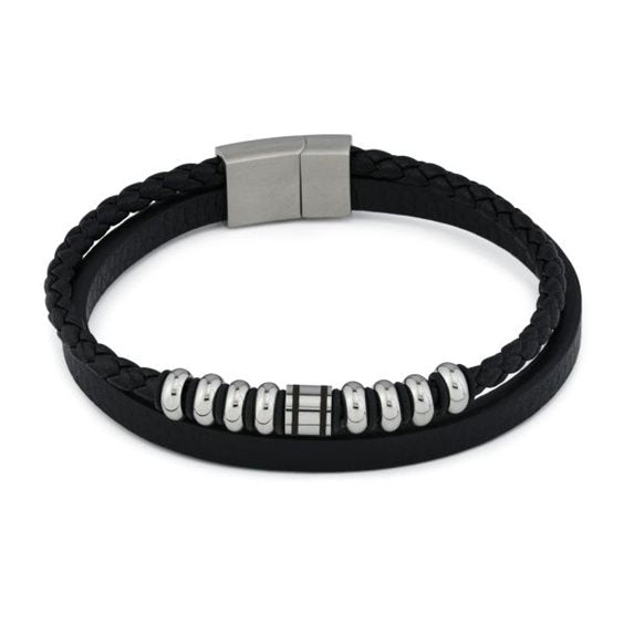 Pulsera  Doble Cuero liso y Cuero trenzado con modulos Circulares en Acero Inoxidable Boccadamo ABR712