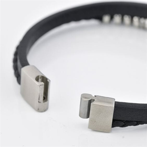 Pulsera  Doble Cuero liso y Cuero trenzado con modulos Circulares en Acero Inoxidable Boccadamo ABR712