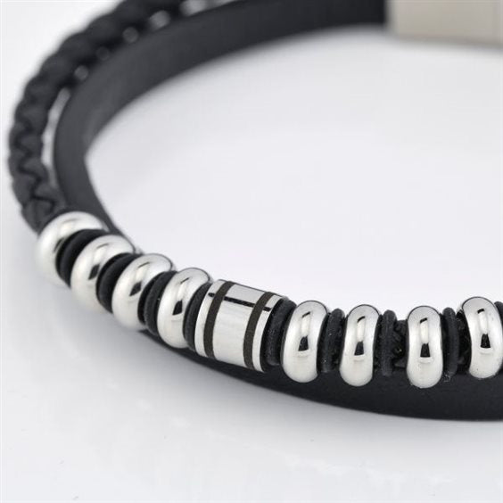 Pulsera  Doble Cuero liso y Cuero trenzado con modulos Circulares en Acero Inoxidable Boccadamo ABR712