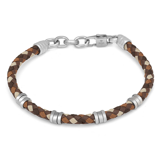 Pulsera de acero con cuero trenzado Café  y Acero Inoxidable H20n Ho065-t1