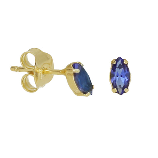 Par de aros botón de plata en forma de marquesa y cristal en color azul bañado en oro